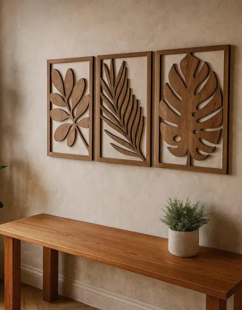 Wooden Leaf Wall Art: Set of 3 Rustic Botanical Panels