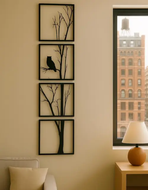 Metal Owl Tree Wall Art – 4 Panel Boho Silhouette Decor