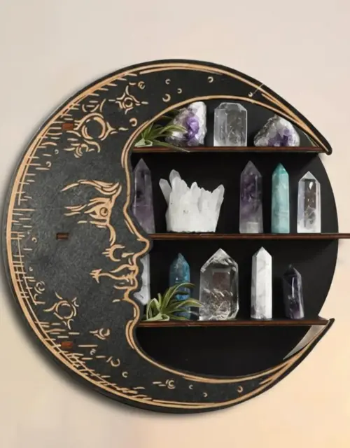 Wooden Wall Shelf - Mystic Moon Face Floating Shelf Wall Decor Boho for Home Organizer