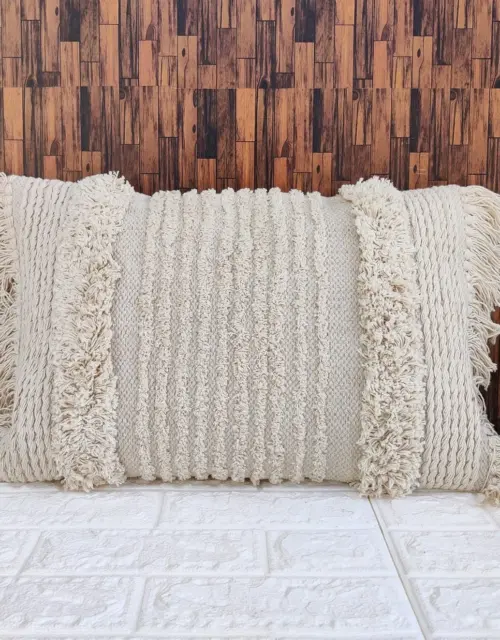 White Textured Fringe 14x20 Inches Cotton Pillow Cover
