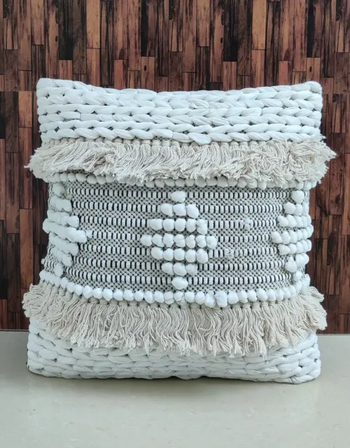 Hand Loomed Boho Throw Pillow Cover: Woven Cotton, 18x18 Inches