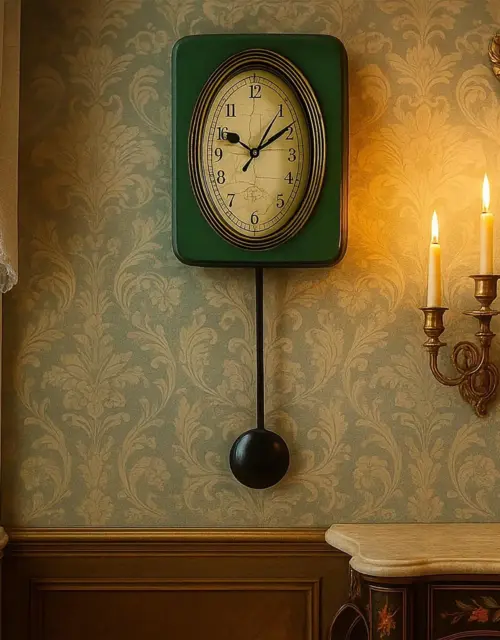 Vintage Oak Pendulum Clock, Green Shabby Chic Accent