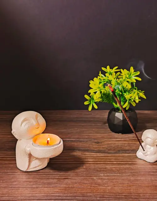 Set of 2 Buddhist Monk Candle Holders & Incense Stand – Zen Spiritual Decor Gift.