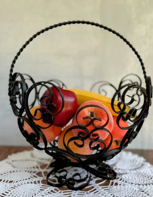 Vintage Wrought Iron Fruit Basket: Black Metal Mid Century Decor