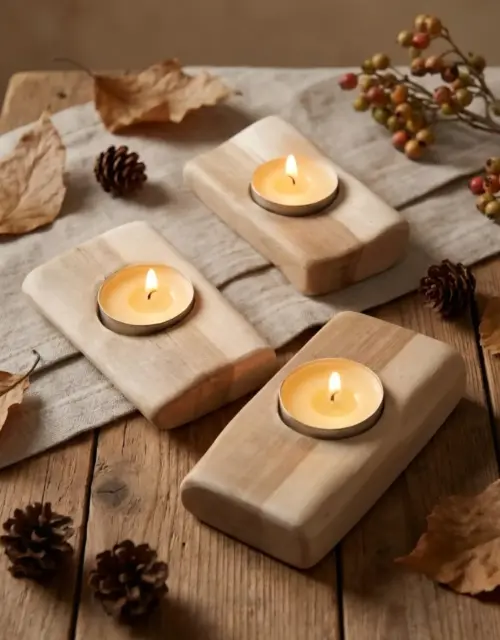 Set of 3 Natural Birch Wood Tealight Holders