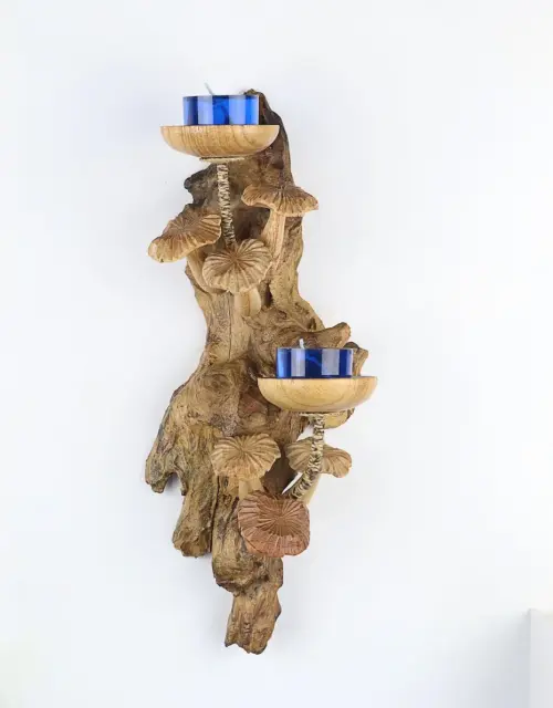 Wood Candle Holder Hanging Wall Art With Mushroom Carving, Wall Candle Holder