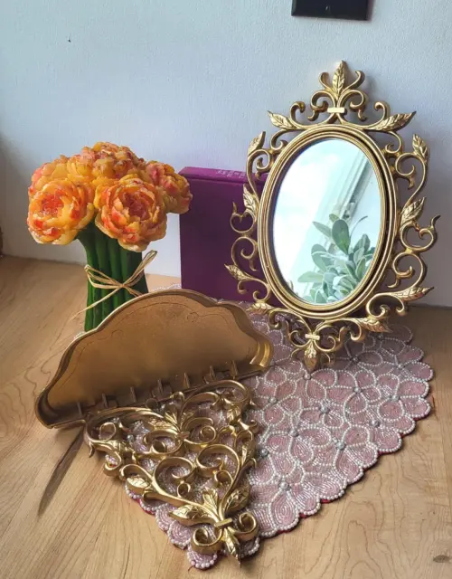 Vintage 90s Gold Color Ornate Style Victorian Mirror and Shelf Braquette Plastic